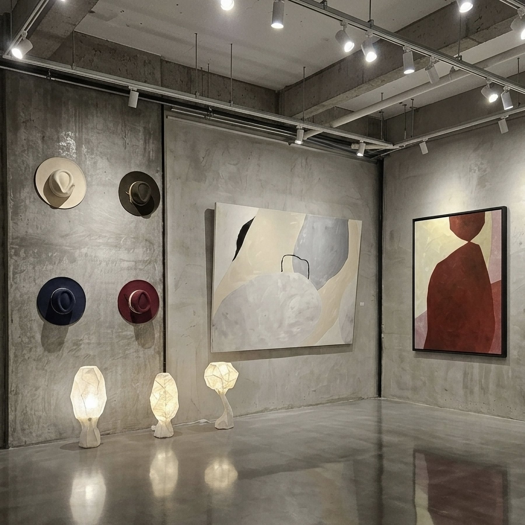 Hats and abstract paintings on concrete wall